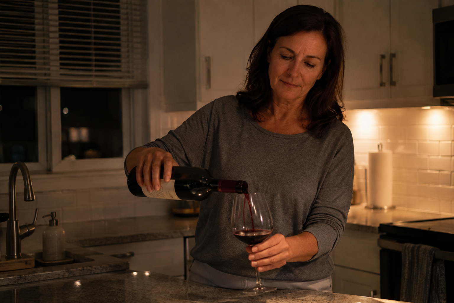 Woman pouring wine alone late at night