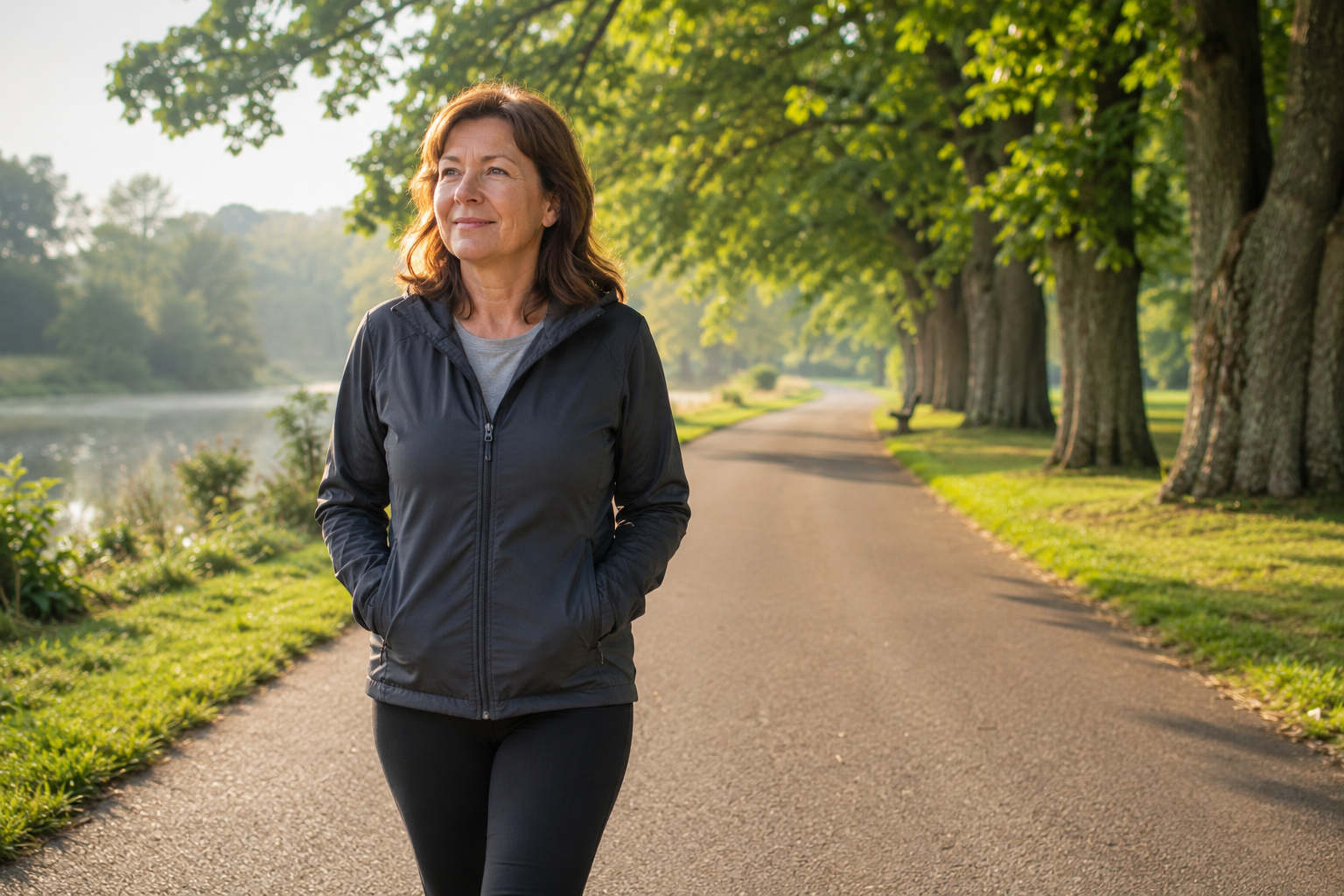 Woman walking peacefully outside in the morning