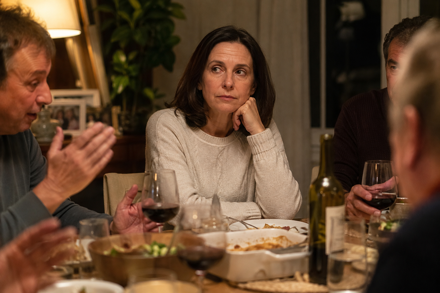 Woman distant and disconnected at a family dinner