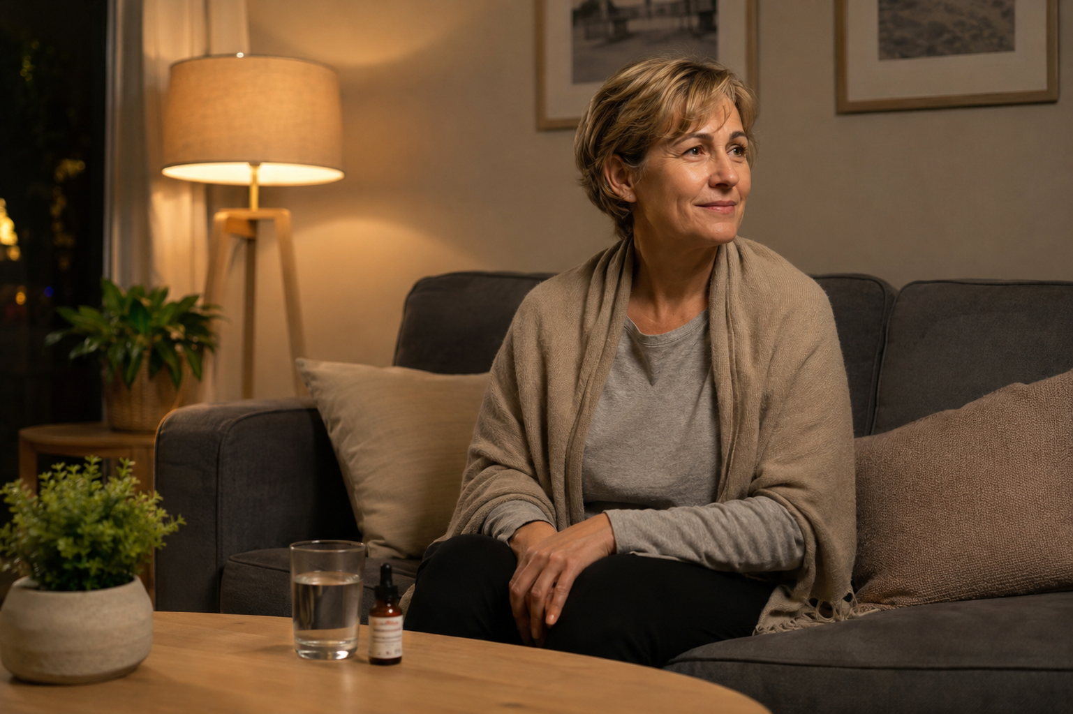 Woman calm on the couch in the evening, not drinking