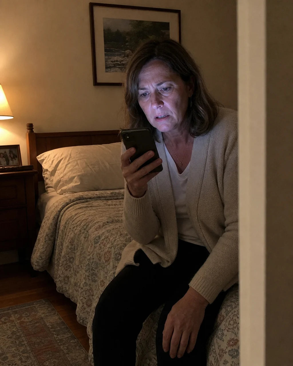 Woman reading a distressing text message alone at night