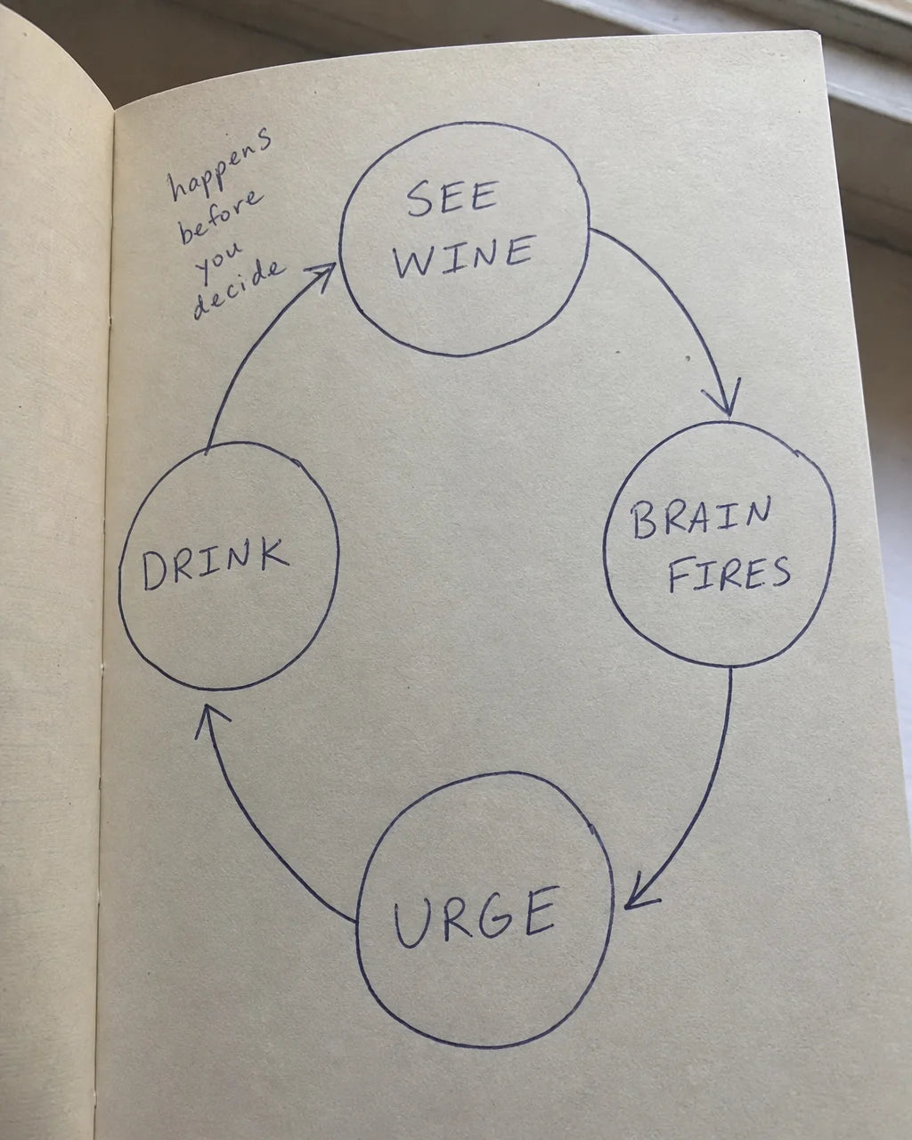 Hand-drawn diagram of the craving loop: see wine, brain fires, urge, drink