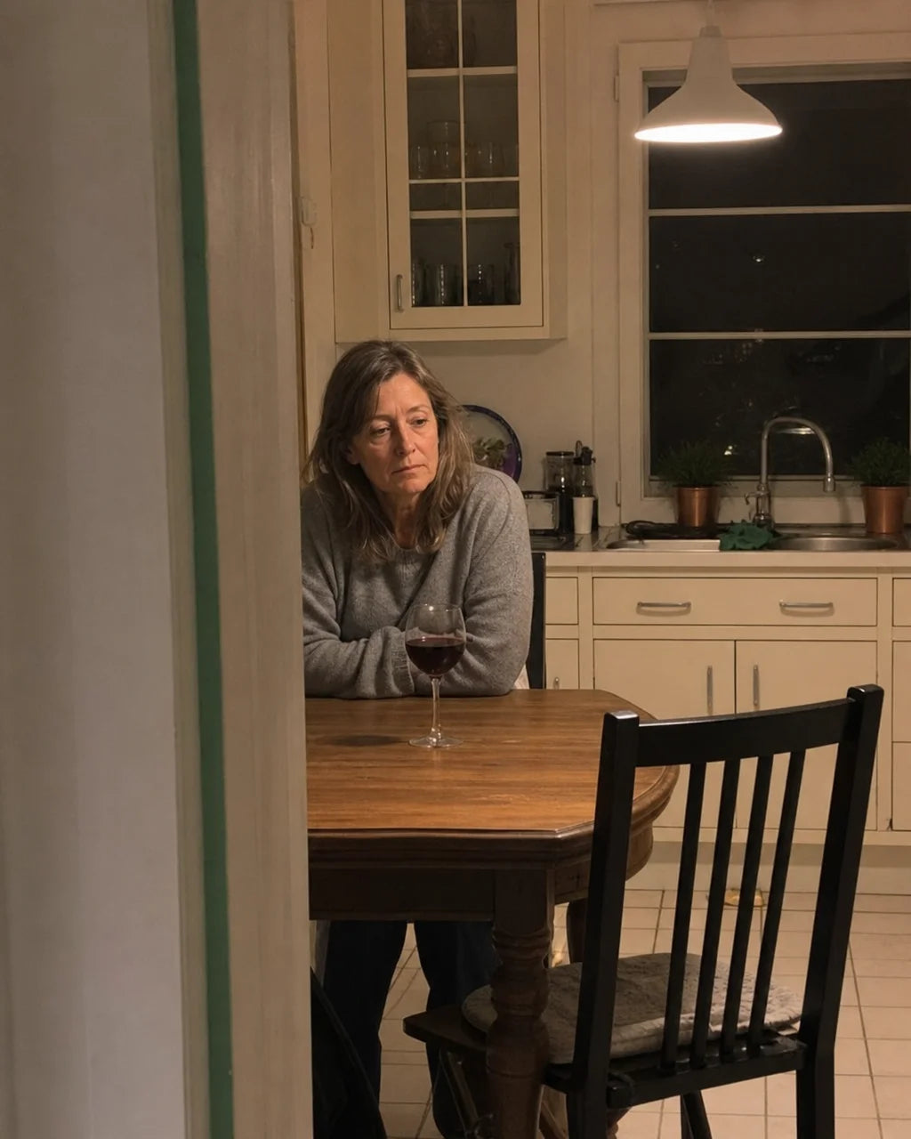 Woman sitting alone at her kitchen table with a glass of wine, looking tired