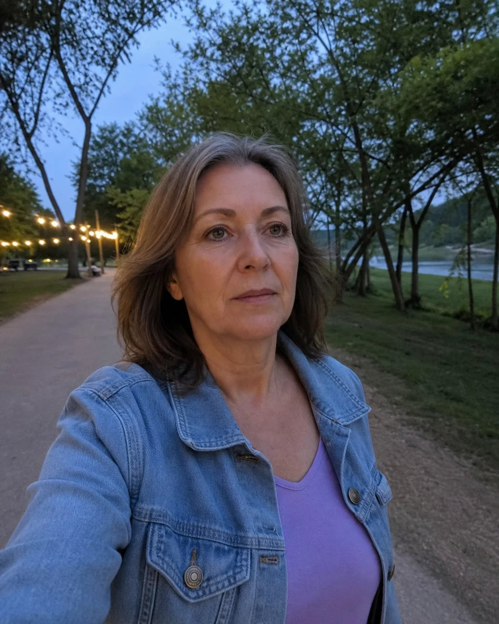 Woman walking alone on a park path at dusk