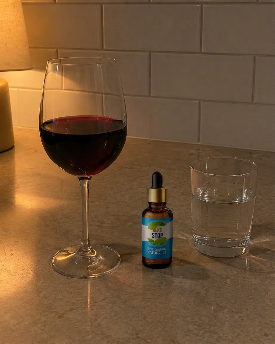 Untouched wine glass next to an AlkoStop dropper bottle on a kitchen counter