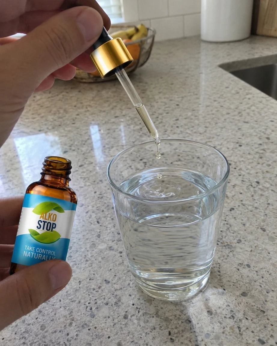 AlkoStop drops bottle over a glass of water on the counter