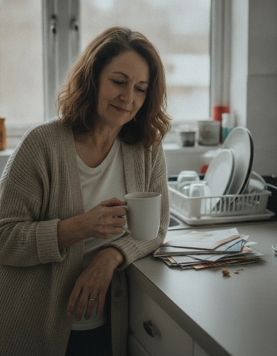 Woman smiling warmly with a coffee by the window