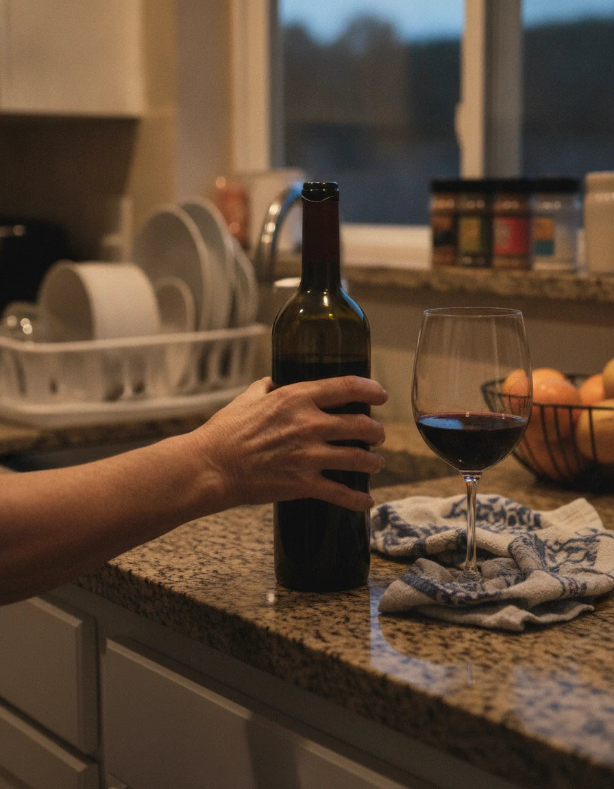 Wine bottle and glass on a kitchen counter at dusk