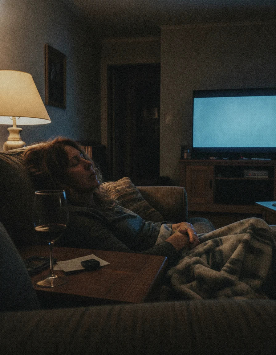 Woman asleep on the couch with the TV still on
