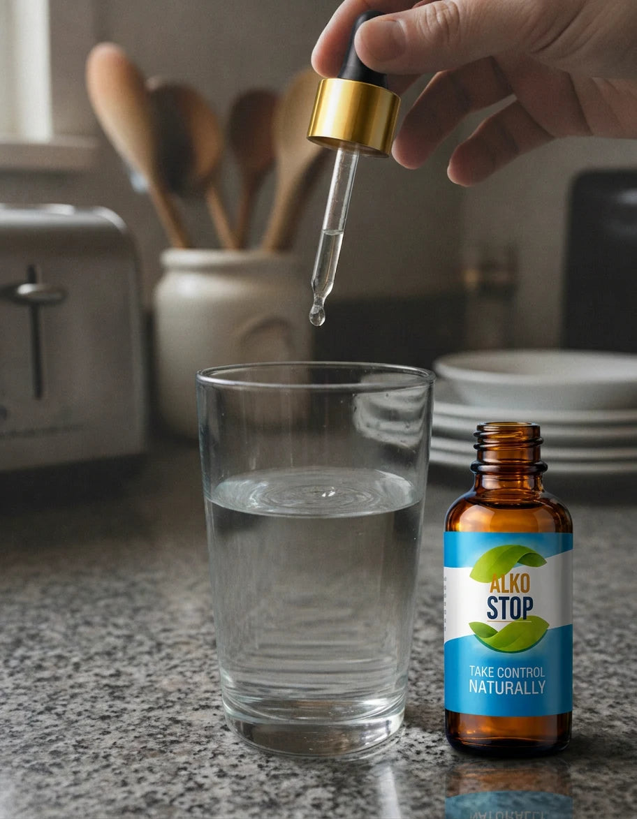 AlkoStop drops bottle over a glass of water on the counter
