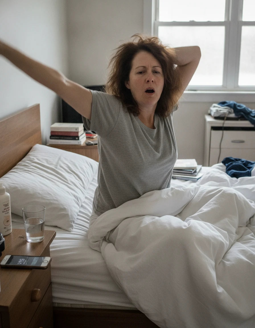Woman waking up naturally in bed, soft morning light